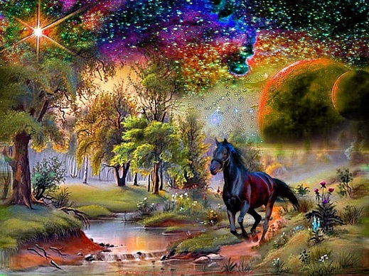 Landscape with a black horse. jigsaw puzzle online