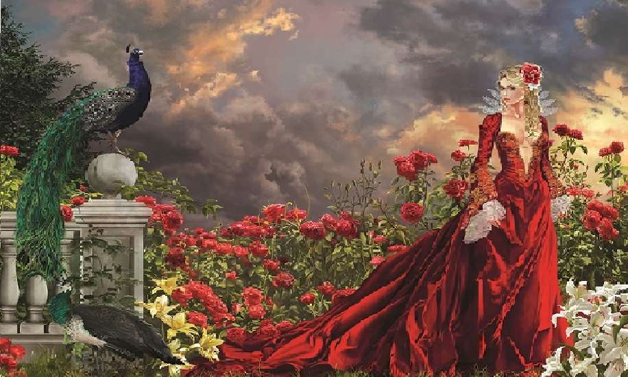 Mujer en vestido rojo y rosas rompecabezas en línea