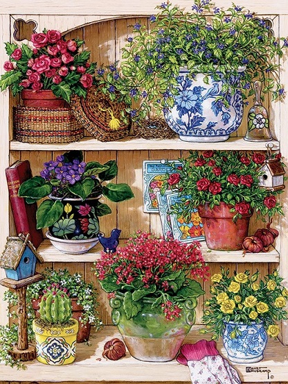 Bücherregal mit Blumen. Online-Puzzle