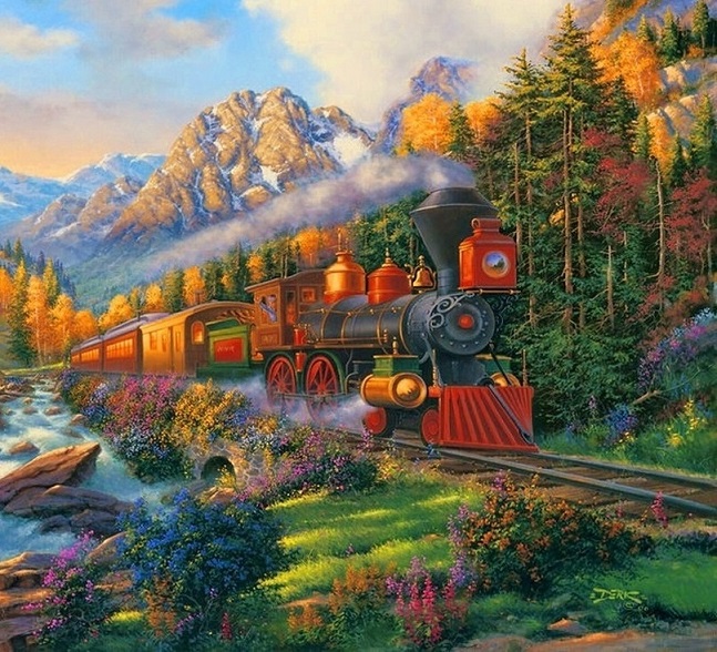 Landschaft mit einem Zug. Puzzlespiel online