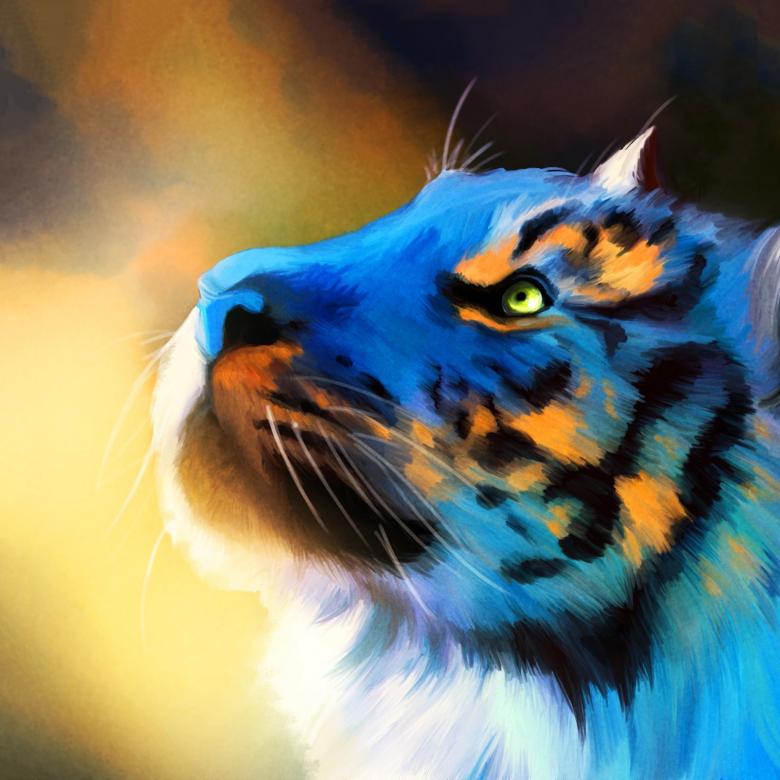 Tiger i nyanser av blått och gult pussel på nätet
