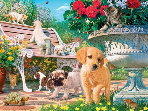 Filhotes de cachorro no jardim. puzzle online