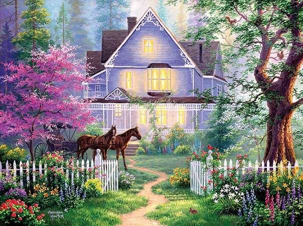 Casa de campo em um belo jardim. quebra-cabeças online
