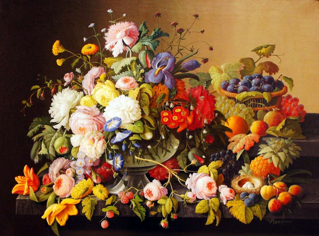Malované květiny a ovoce. skládačky online