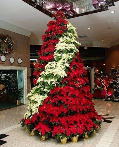 Christmas tree with poinsettia flowers. online puzzle