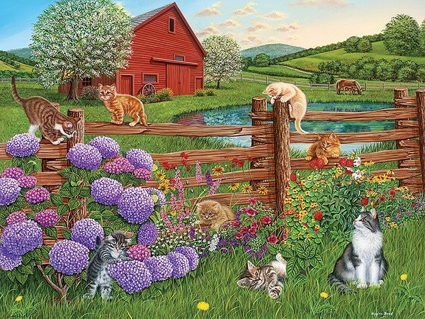 Landsbygdens landskap med katter. pussel på nätet