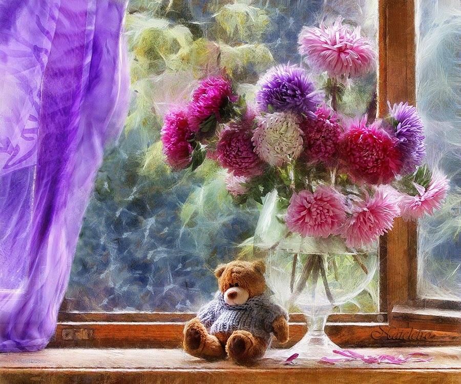 λουλούδια παράθυρο αρκούδα online παζλ
