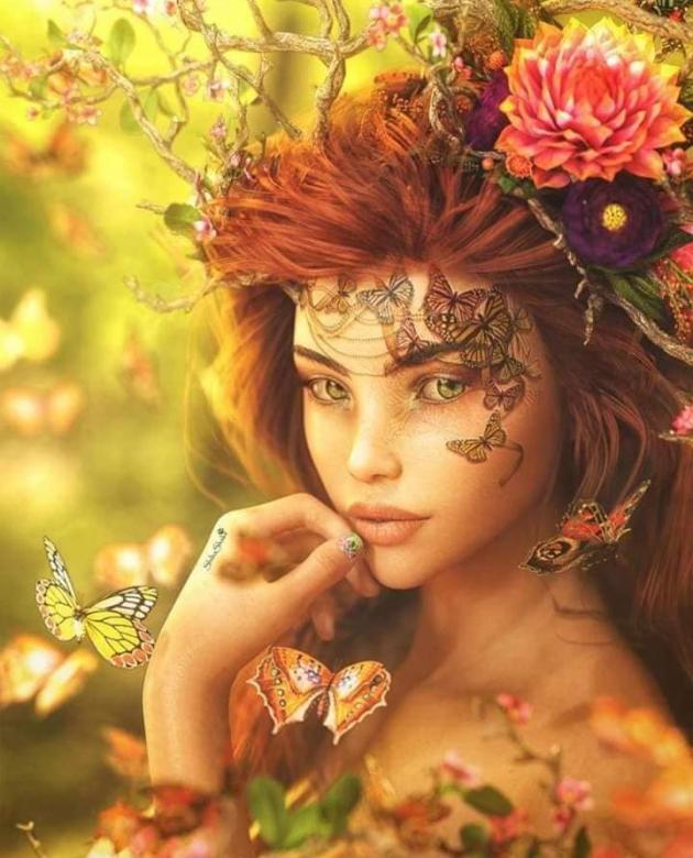 Een vrouw met vlinders met bloemen op haar hoofd online puzzel