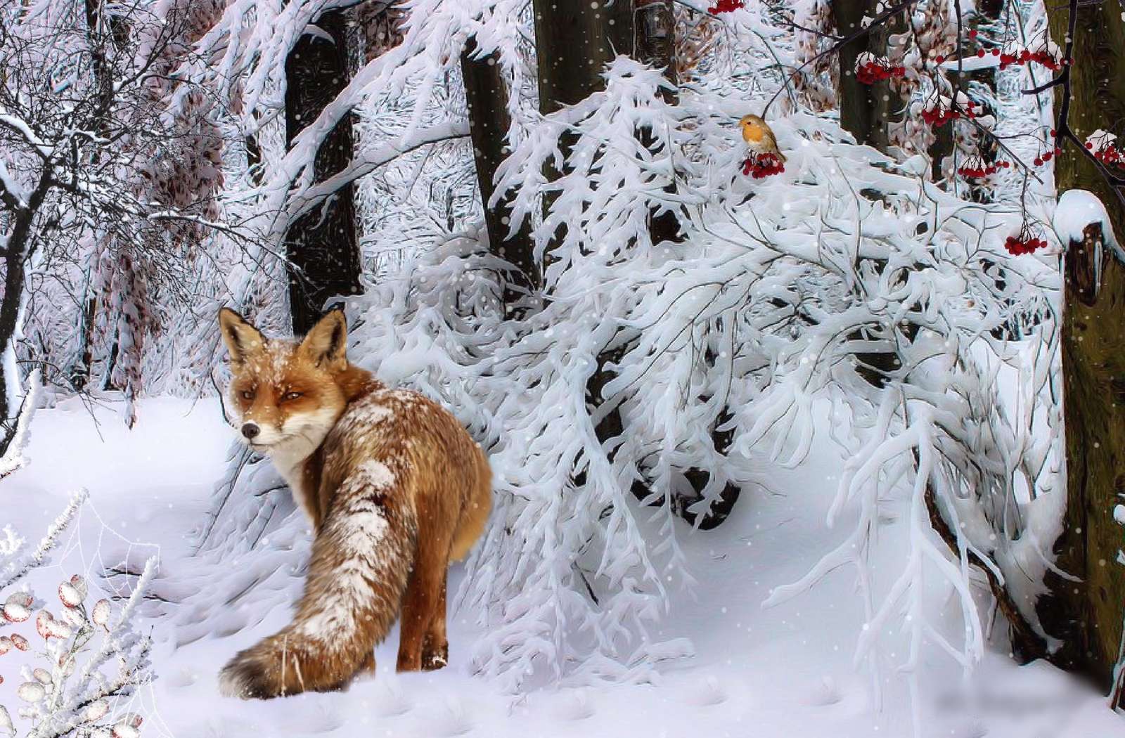 raposa pássaro floresta inverno puzzle online
