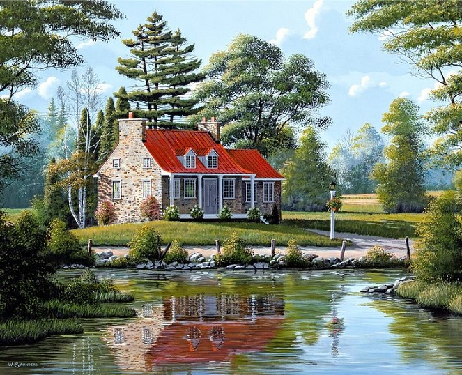 Cottage vicino allo stagno. puzzle online