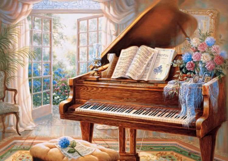 Фортепиано цветы ноты садовый стул за окном онлайн-пазл