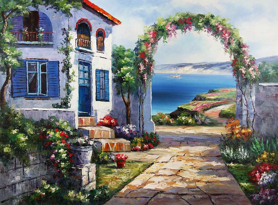 Cottage with flowers by the sea online puzzle