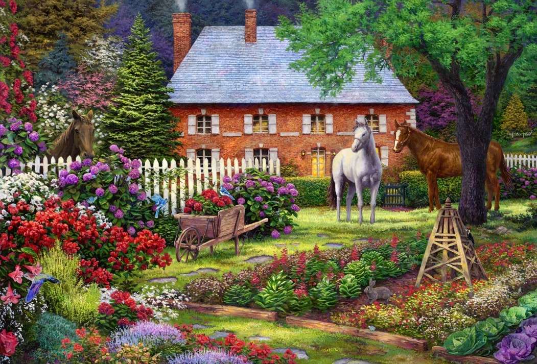 Bloemenhuis en paarden online puzzel