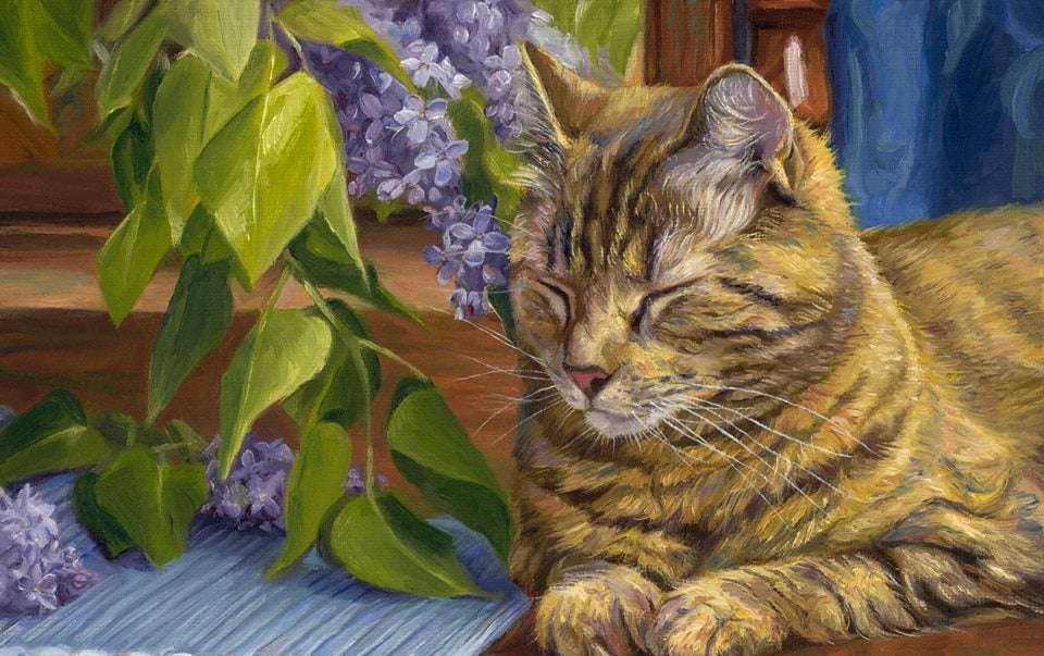 Um gato ao lado de lindas flores puzzle online