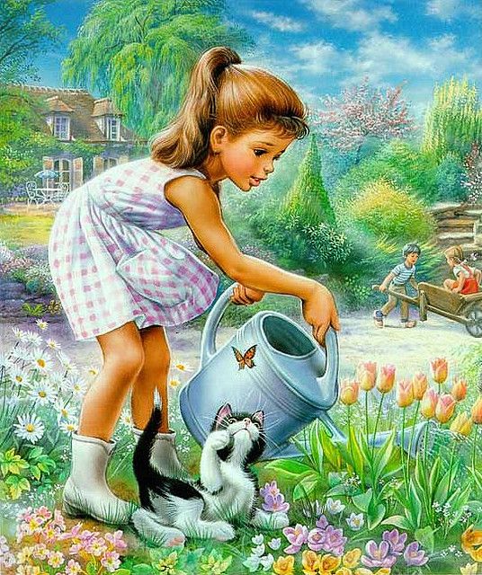 Girl watering flowers jigsaw puzzle online