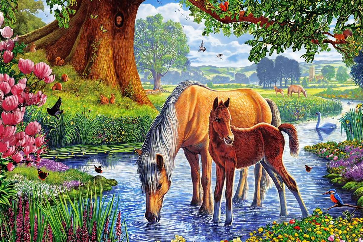 Cavalos em um bebedouro puzzle online