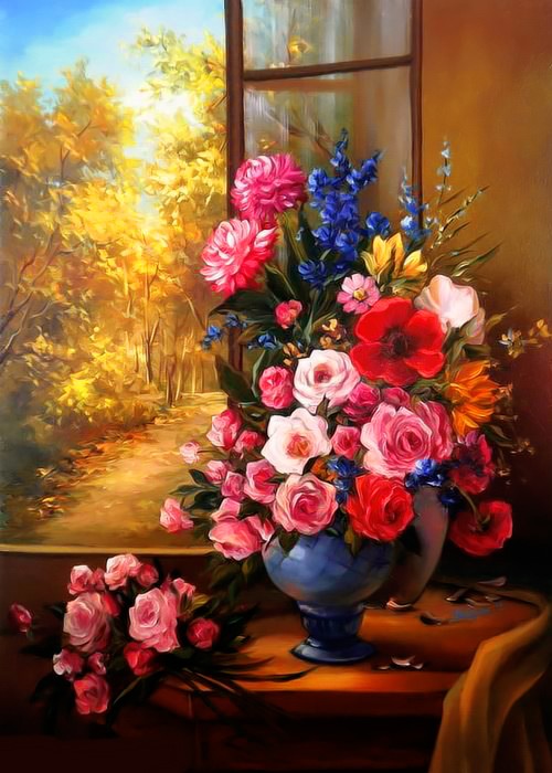 Λουλούδια δίπλα στο παράθυρο online παζλ