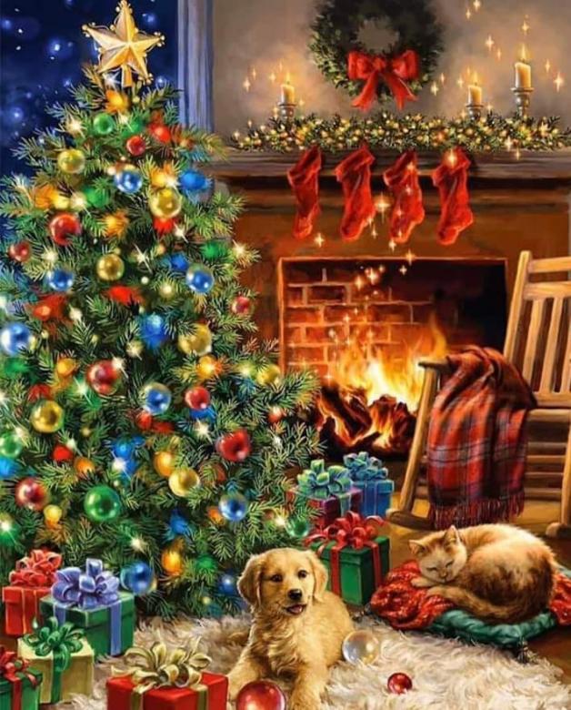 Weihnachtsbaum, Katze und Hund Online-Puzzle