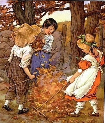 Děti sbírají a pálí listí ze stromů pussel på nätet