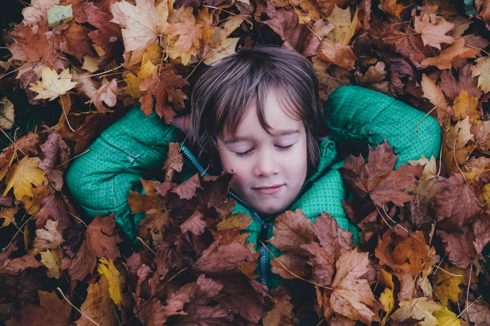 Băiat sub o pătură de frunze puzzle online