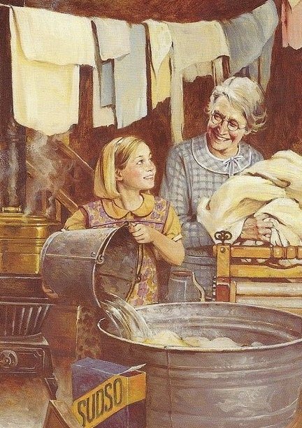 maminka s dcerou u velkého praní prádla онлайн-пазл