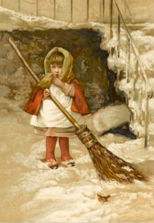 děvčátko zametá s koštětem sníh Pussel online