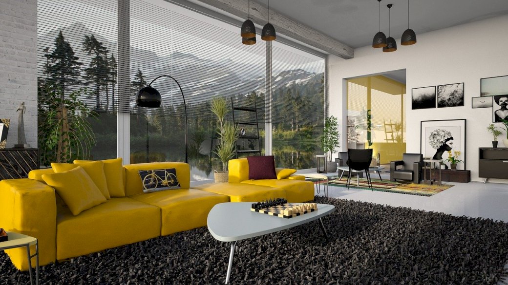 Living room with a yellow sofa online puzzle