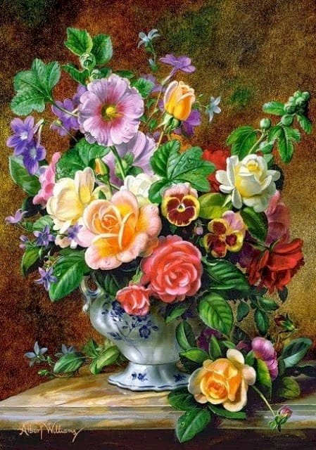 En bukett med färgglada blommor i en vas Pussel online