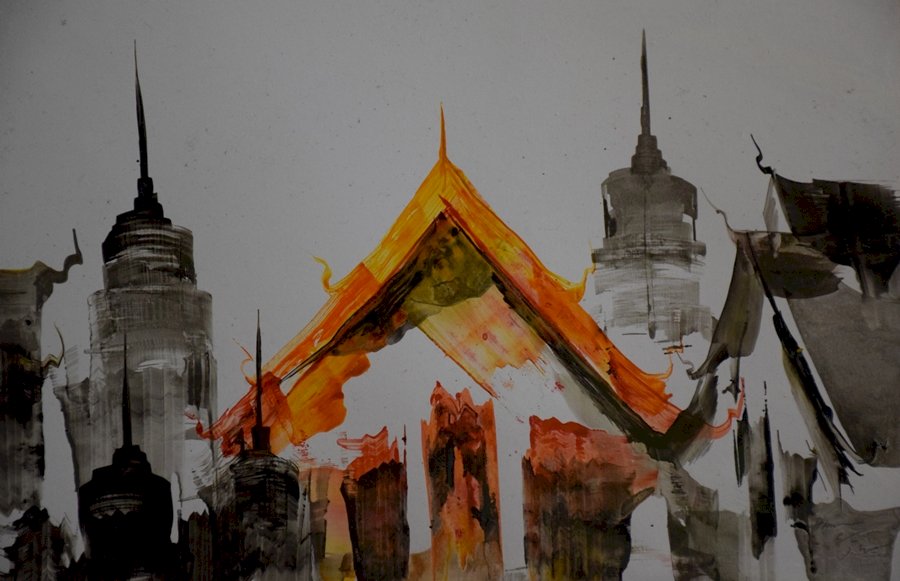 Peinture thaïe d'un de ses temples puzzle en ligne