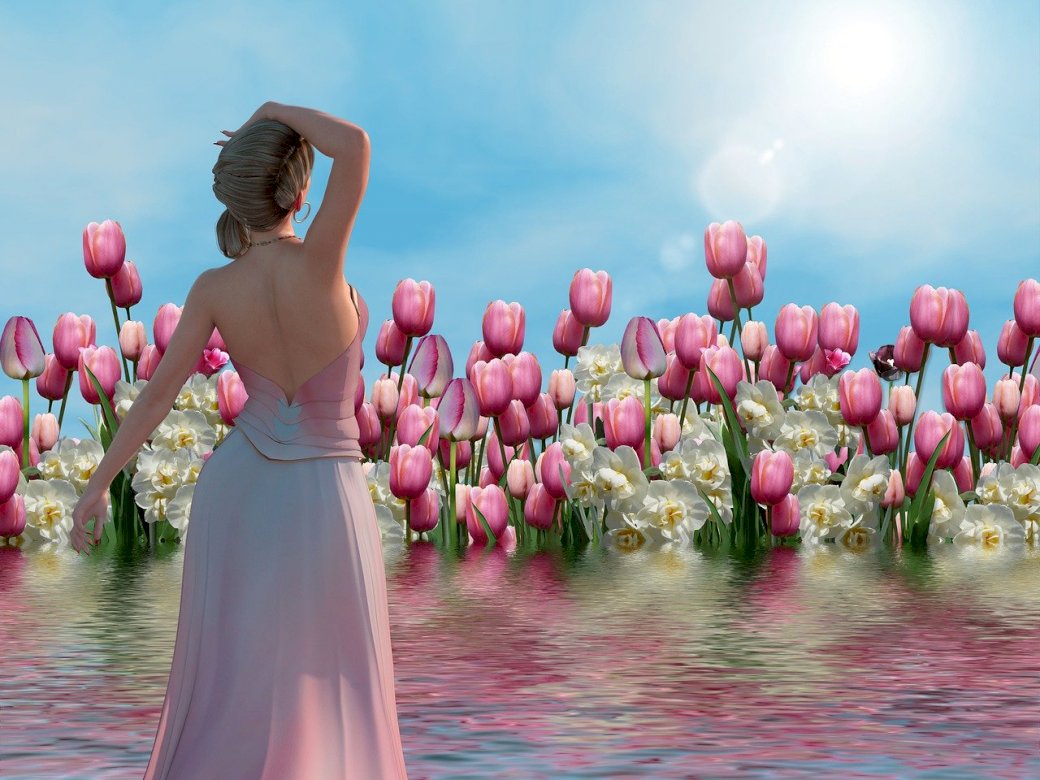 dame van roze bloemen online puzzel