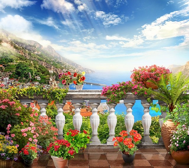 Flores no terraço. quebra-cabeças online