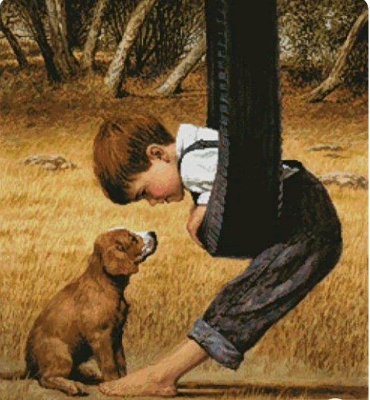 pes a chlapec na houpačce Online-Puzzle