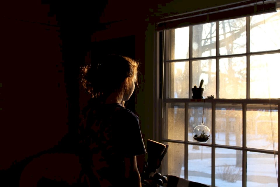 Eine Frau, die aus dem Fenster schaut Online-Puzzle