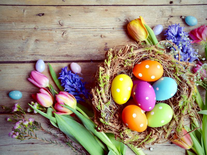Easter, tulips and Easter eggs online puzzle