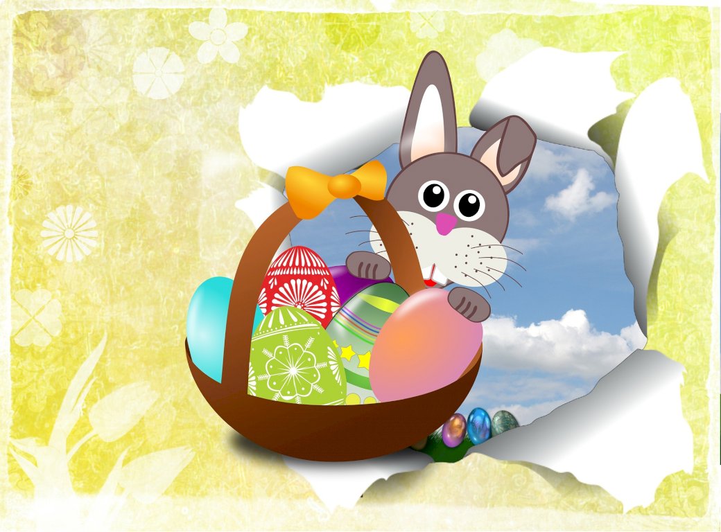 Hare, basket, Easter eggs online puzzle