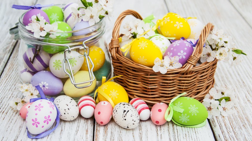 Великденски яйца, кошница, буркан онлайн пъзел