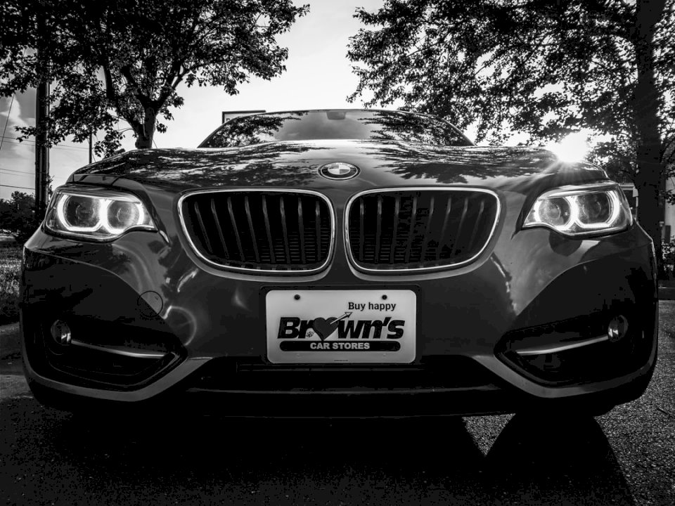 Foto en blanco y negro de un BMW rompecabezas en línea