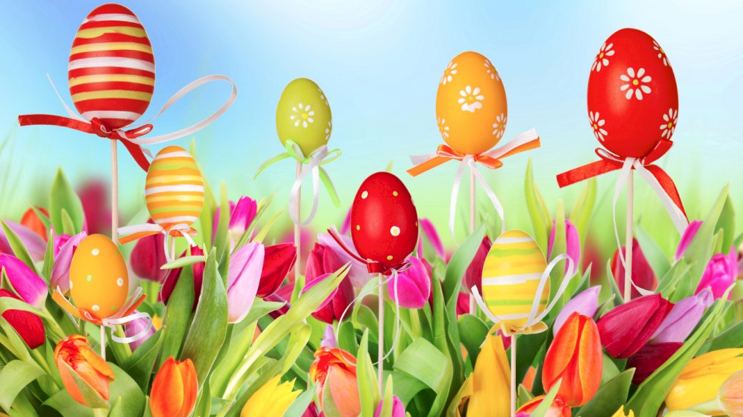 Красочные пасхальные яйца, тюльпаны пазл онлайн