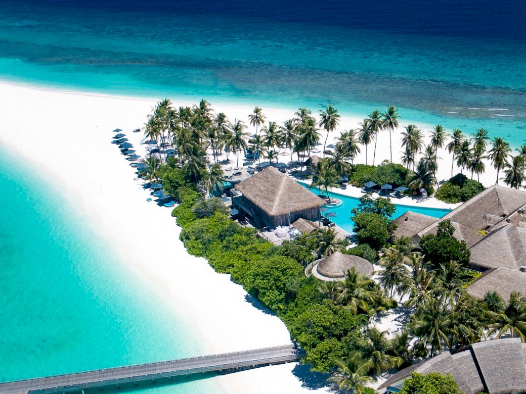 океан, плаж, остров, Малдиви, палма, къщи онлайн пъзел