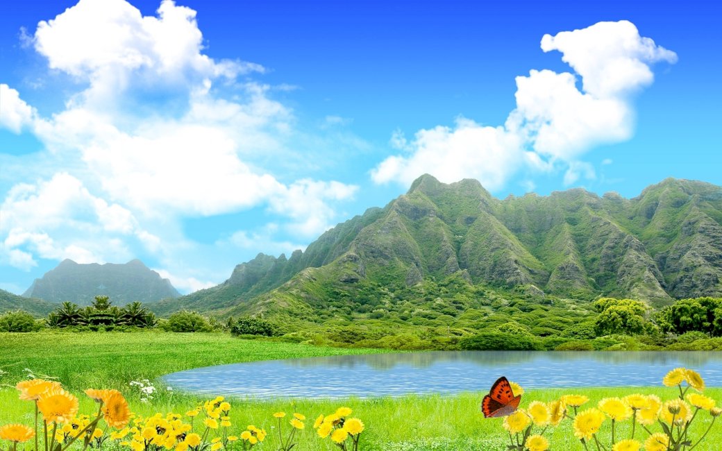 mountains_lake_sky_flowers Puzzlespiel online