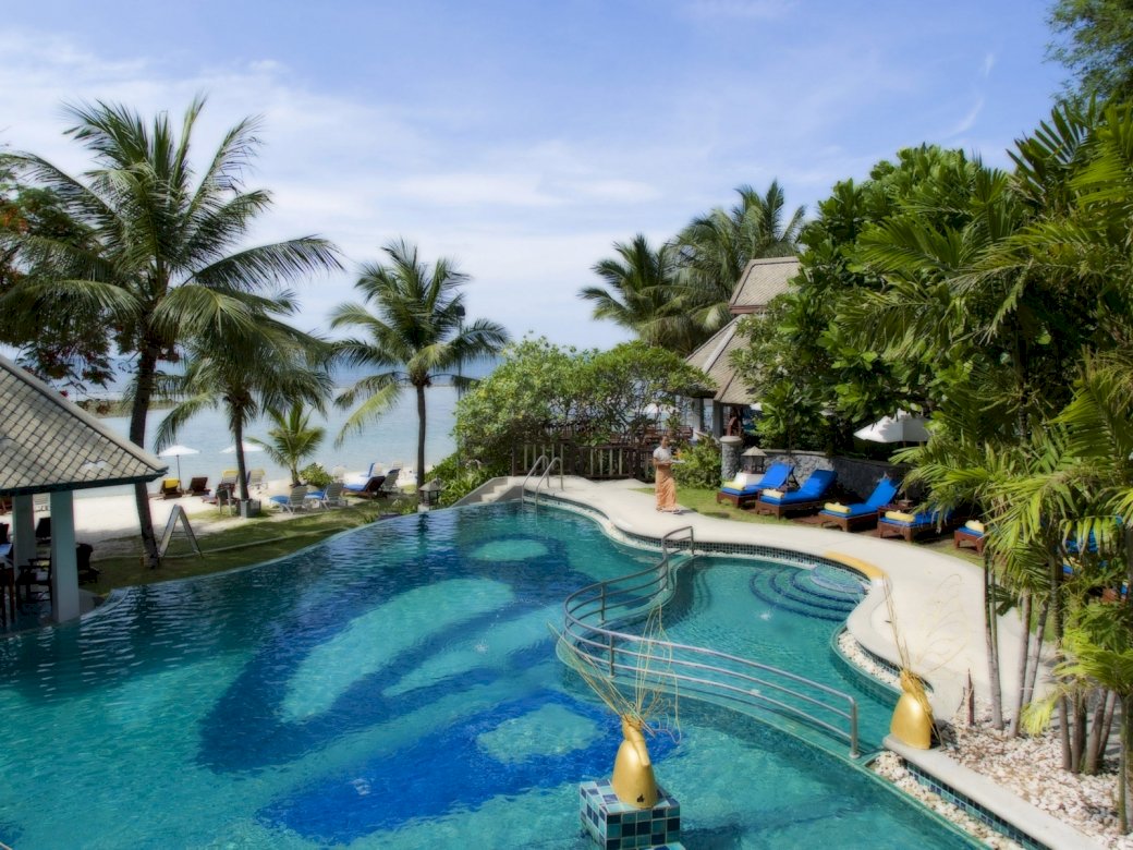 zwembad, palmbomen, resort, ontwerp, landhuis, online puzzel