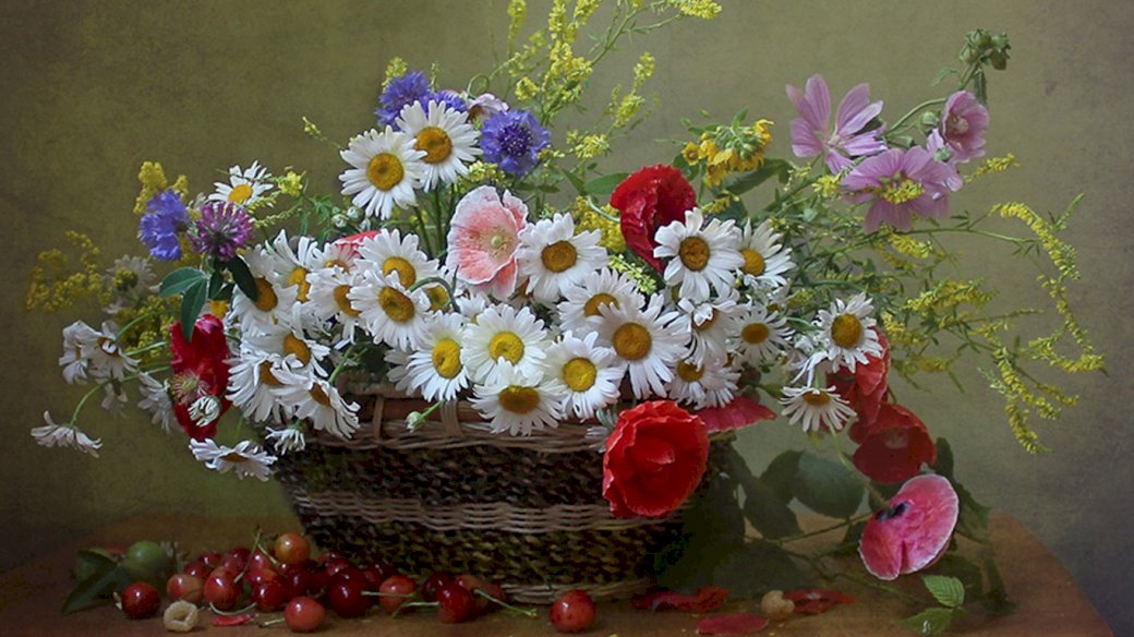 Μπουκέτο με πολύχρωμα λουλούδια, κεράσια online παζλ
