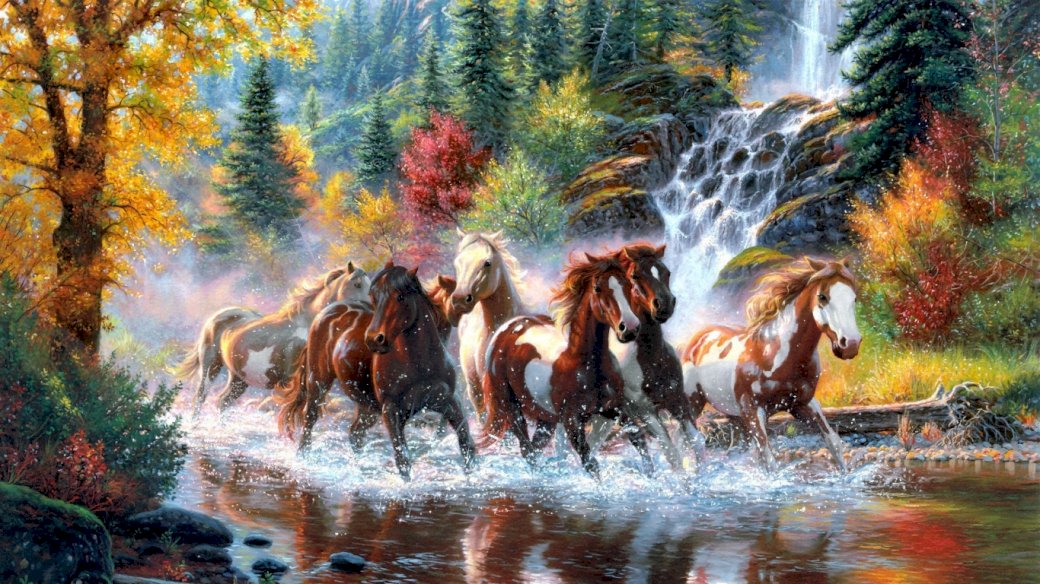 Pferde, Fluss, Bäume Online-Puzzle