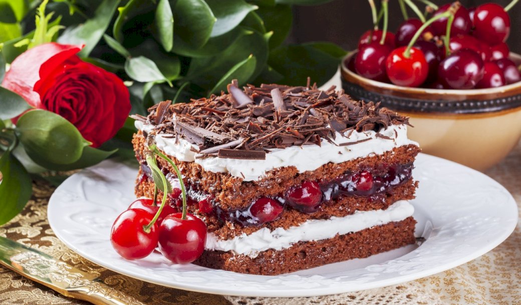 Cake, Cherries, Rose jigsaw puzzle online