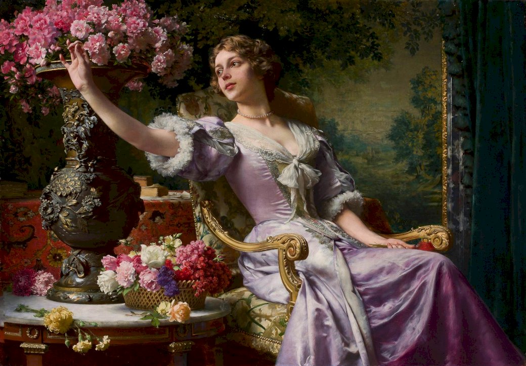 Hölgy egy lila ruhában, virágokkal online puzzle