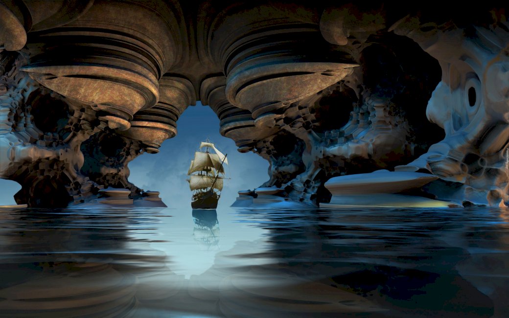 Segelschiff in einer Höhle Online-Puzzle