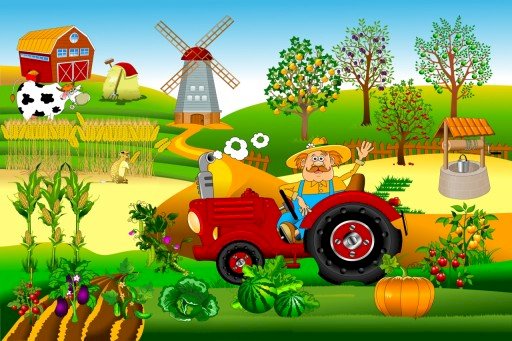 Bauernhof, Traktor, Windmühle, Feld Online-Puzzle