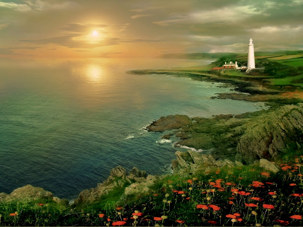 lighthouse_sunset_sea rompecabezas en línea