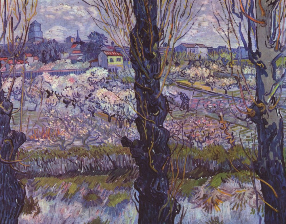 Blooming orchard with a view of Arles online puzzle