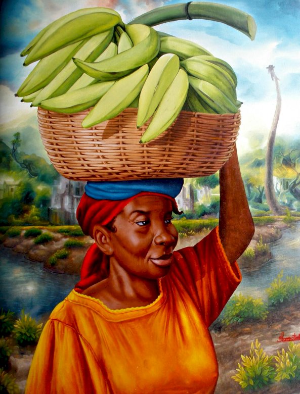 Una mujer con una canasta de plátanos en la cabeza. rompecabezas en línea